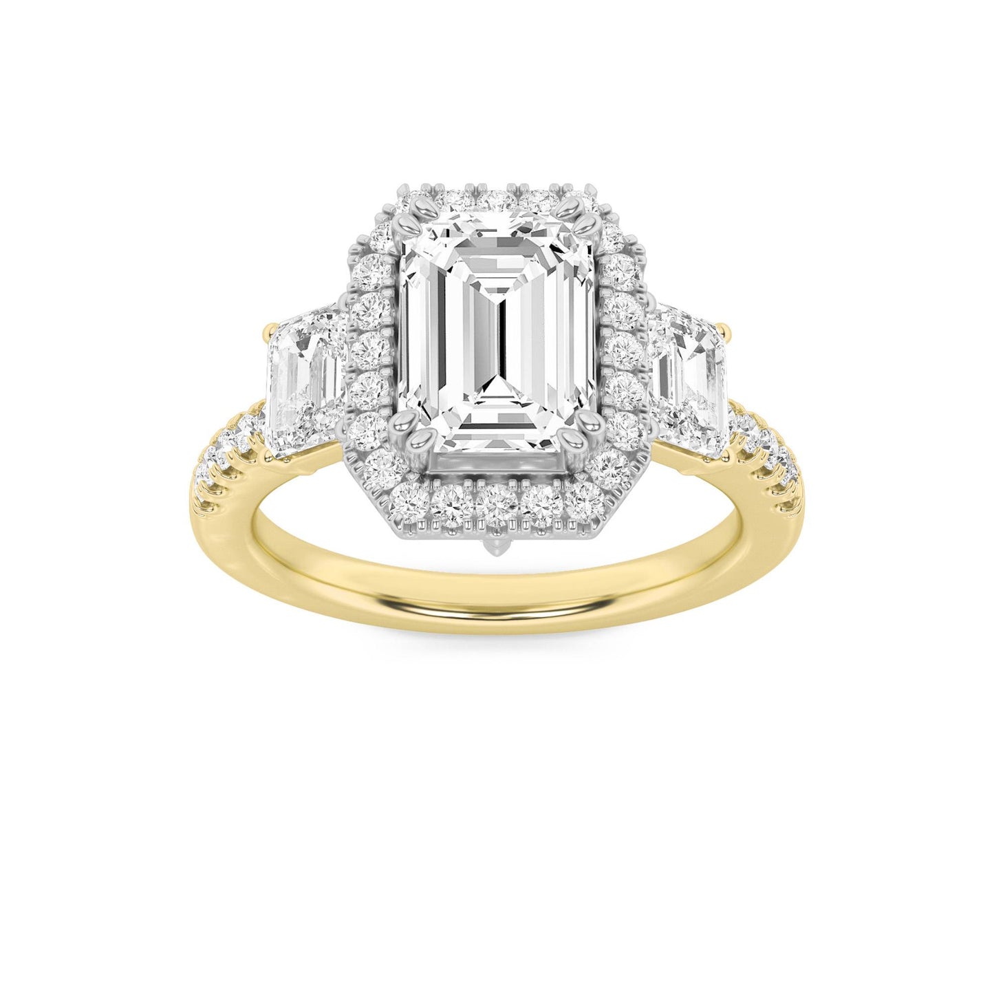 14KWG 3ct Lab Diamond Emerald 3-Stone Engagement Ring