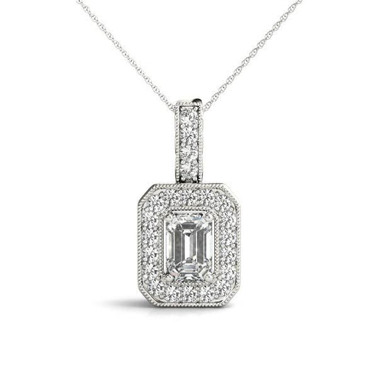 Emerald Diamond Millgrain Halo Pendant