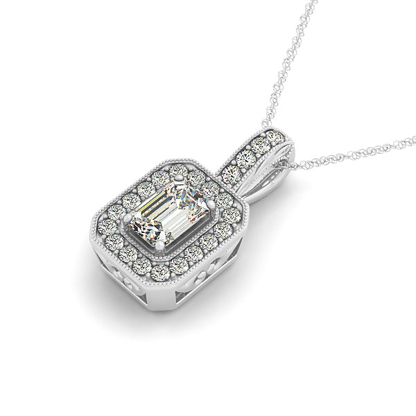 Emerald Diamond Millgrain Halo Pendant