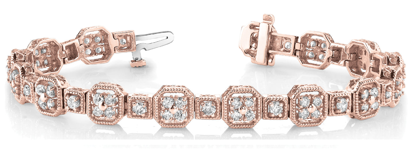 14K Rose Gold Vintage Diamond Bracelet 3ctw