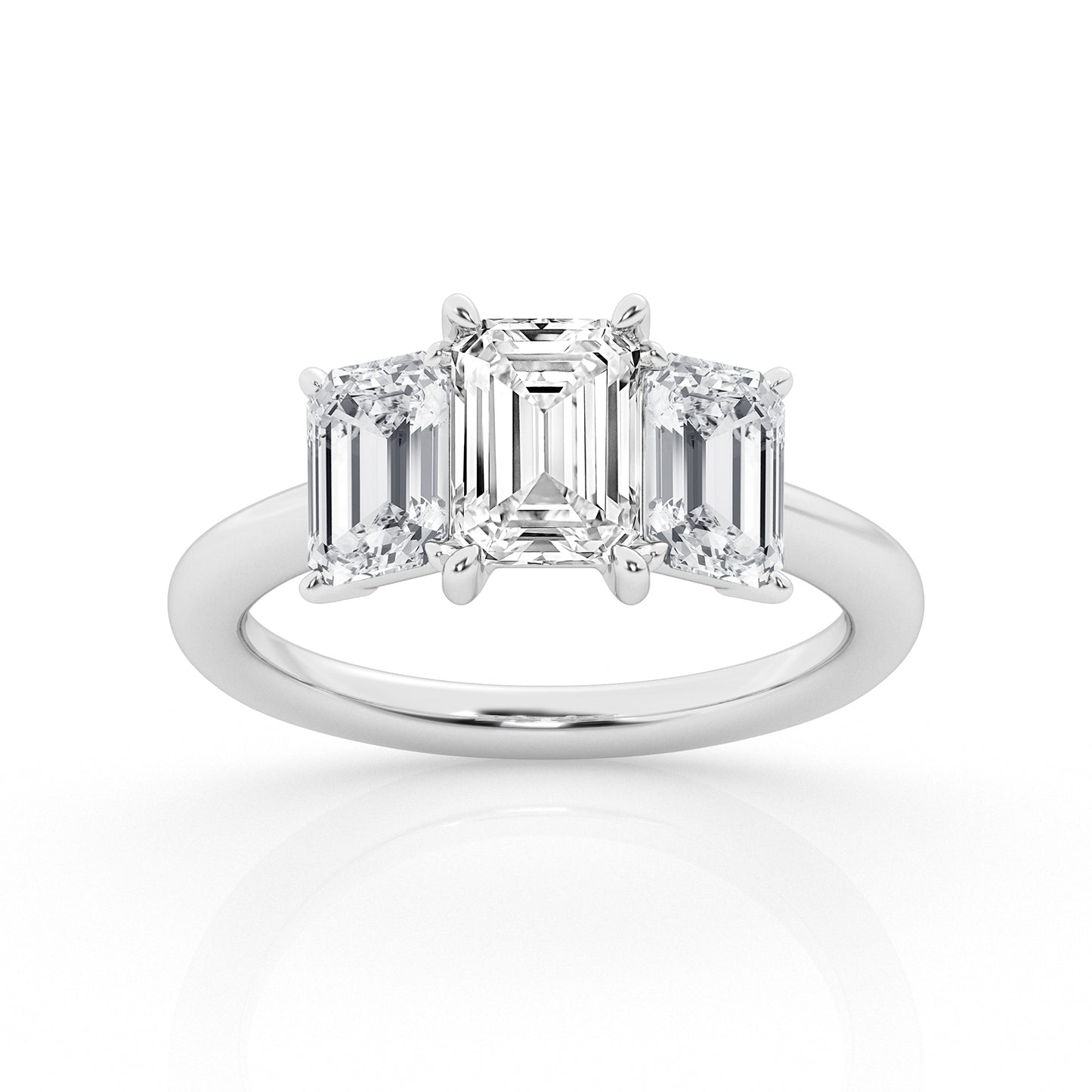 14K White Gold 3ct Emerald Cut Lab Diamond Trilogy Ring
