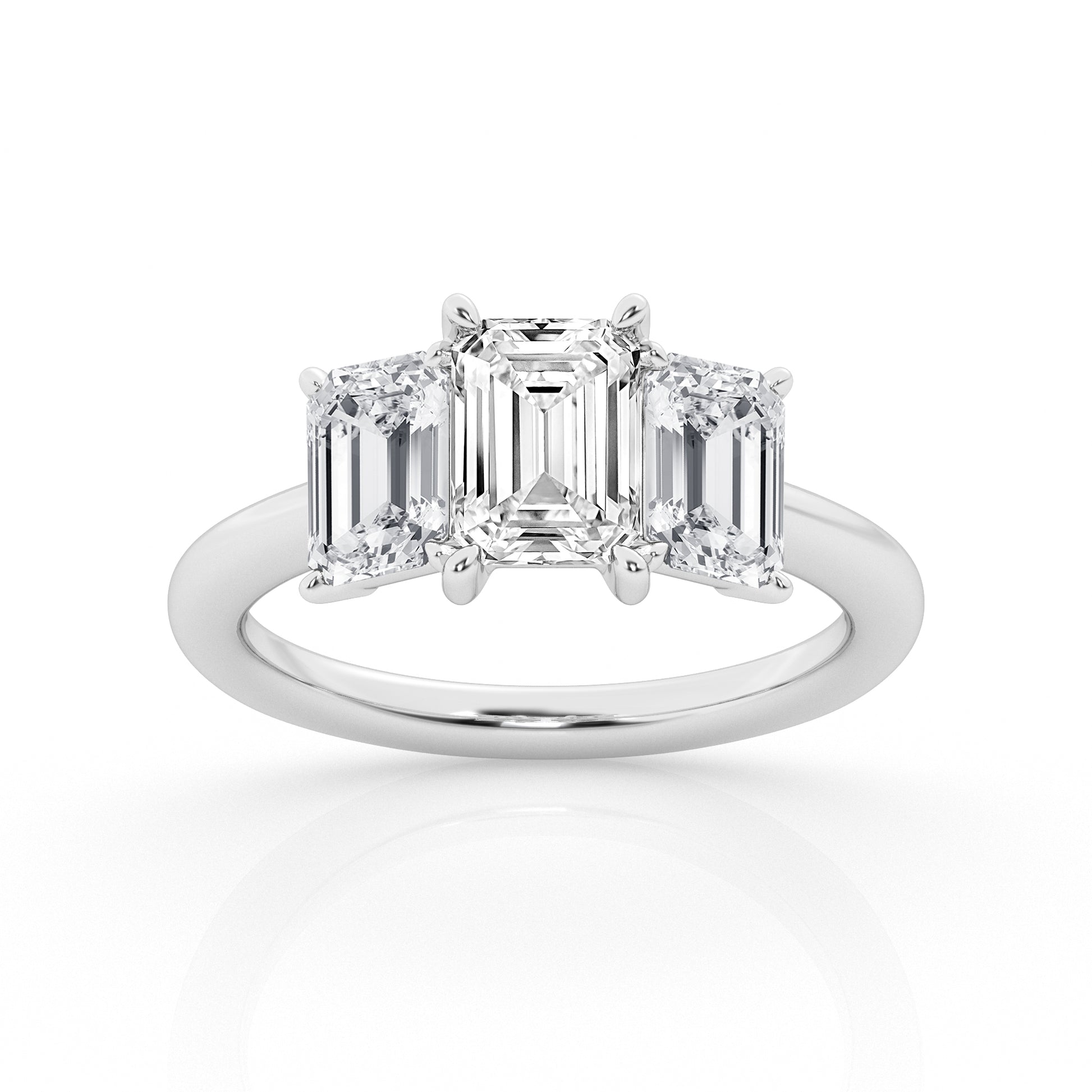 14K White Gold 3ct Emerald Cut Lab Diamond Trilogy Ring