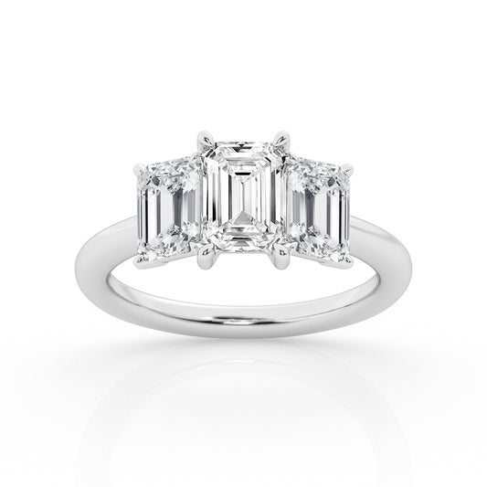 14K White Gold 3ct Emerald Cut Lab Diamond Trilogy Ring